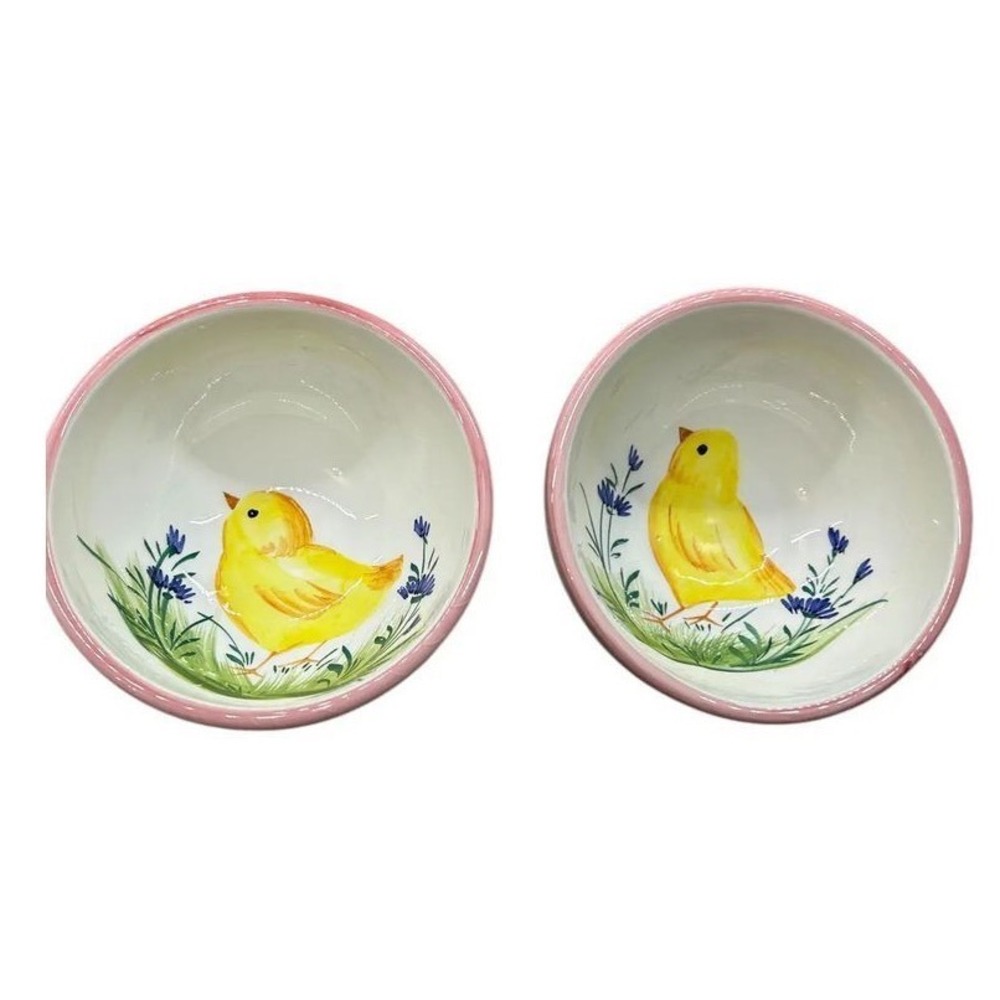 Pair of‎ Easter Chicks Hand Painted Small Floral Children's Bowls Made in Italy